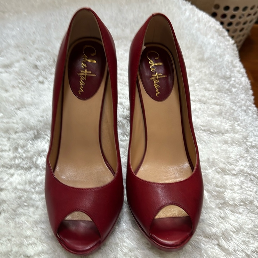 Cole Haan Red Leather Open Toed Platform Heels Size 7.5B
